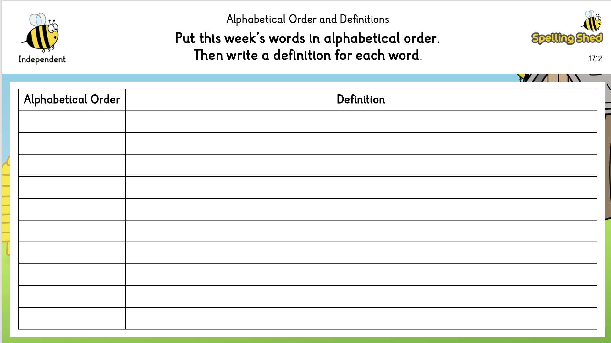 alphabetical order and definition worksheet