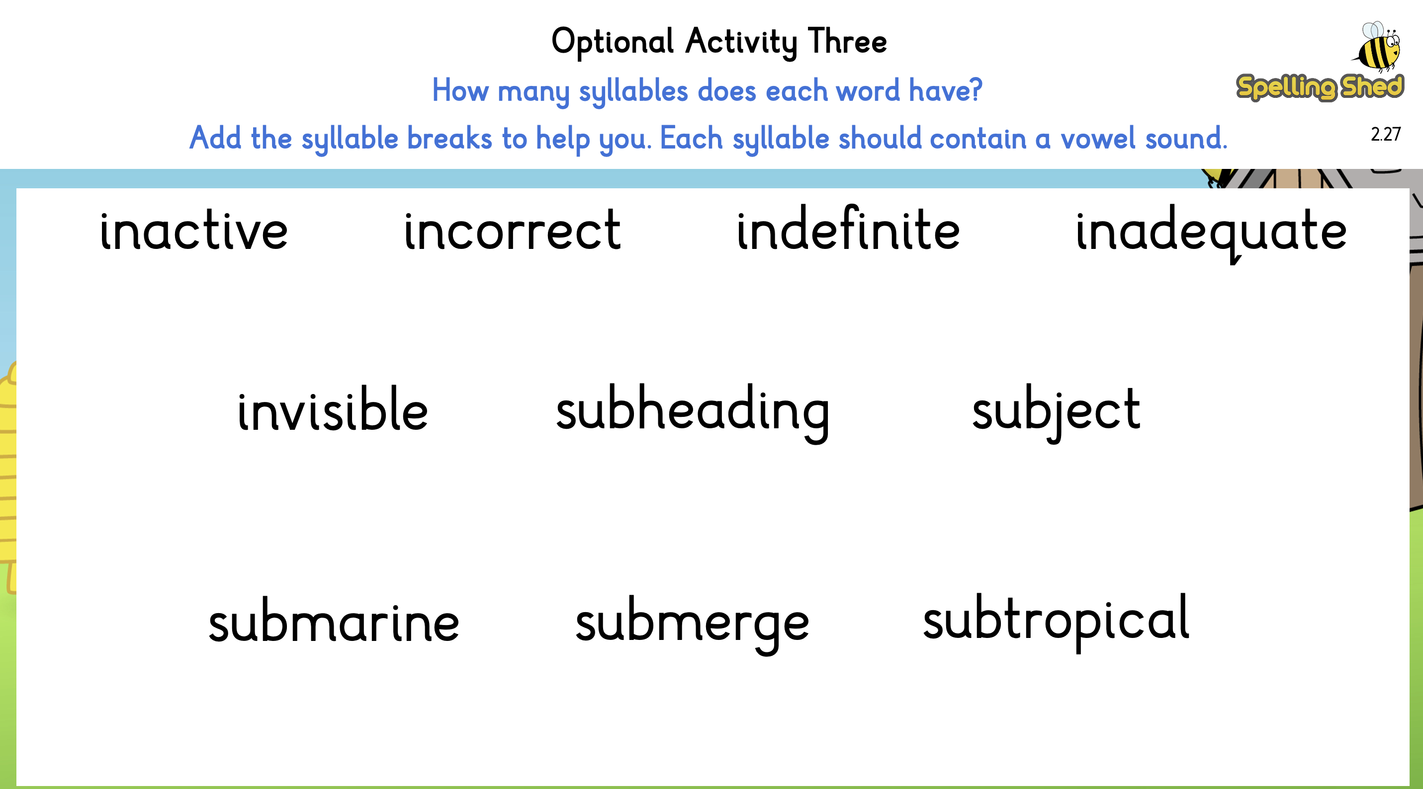 optional syllables activity worksheet