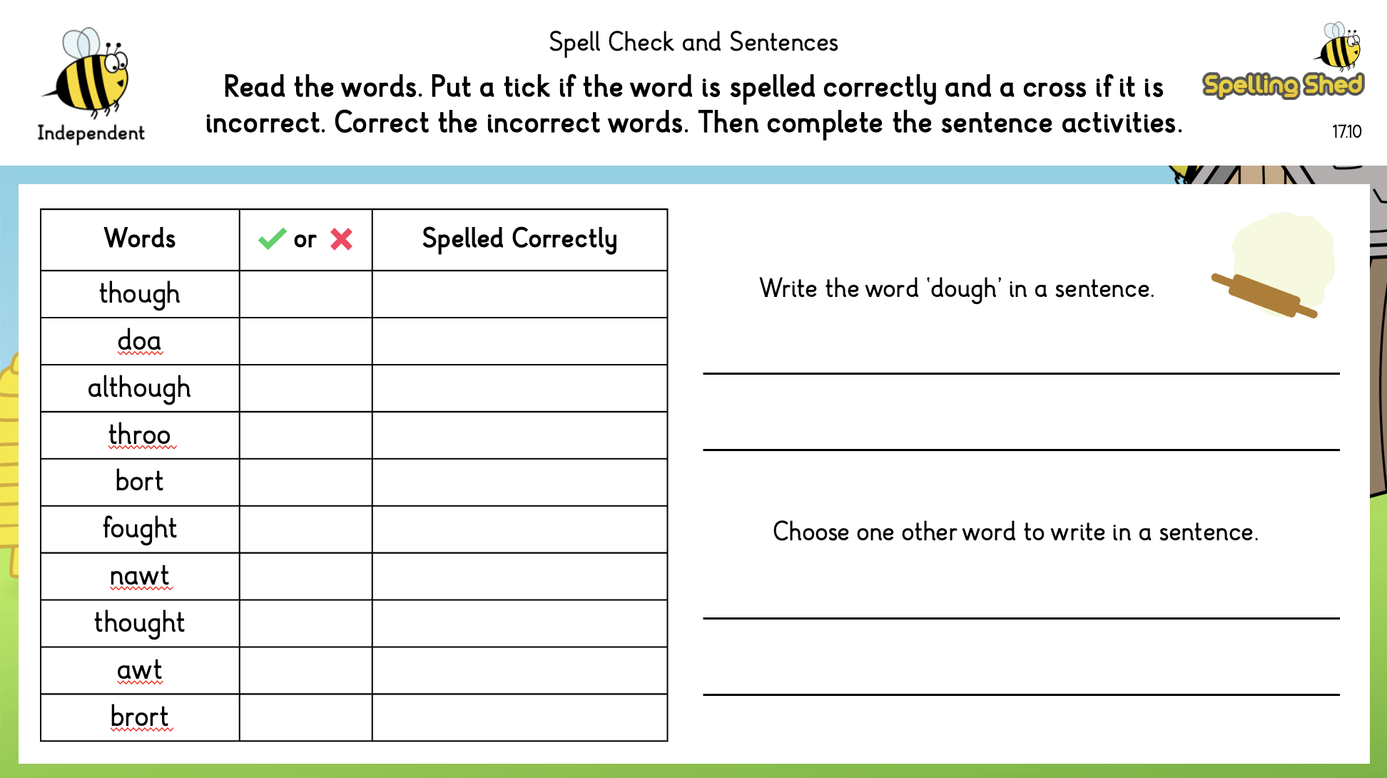 spell check and sentences worksheet